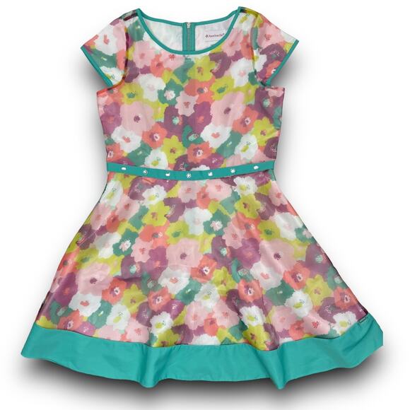 American Girl Child Size Bright Blooms Floral Dress Belted Lined Size 14 Girls - Picture 2 of 7